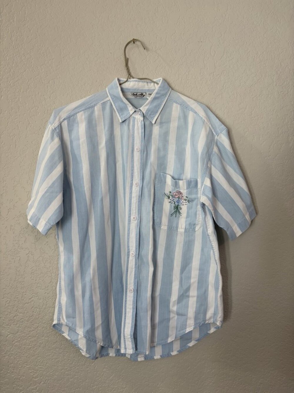 Vintage Blue White Stripe Short Sleeve Button Cotton Shirt Sz S Floral Cottage